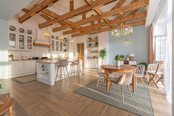 modern expensive luxurious open-plan apartment. Rich Scandinavian-style interior with wooden beams...