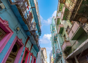 Naklejka premium Scenic colorful Old Havana streets in historic city center of Havana Vieja near Paseo El Prado and Capitolio.