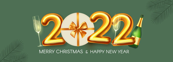 Happy New 2022 Year Party poster template with 3D realistic text, champagne glasses, bottle, fir tree branches and gift box. Festive design. Christmas flyer template