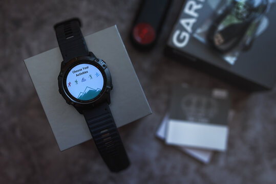 Brno, Czech Republic - February 25 2021: Unpacked Garmin Fenix ​​6X Pro smartwatch.