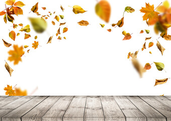 Naklejka na ściany i meble Empty wooden table over autumn leaves bokeh background. Ready for product montage