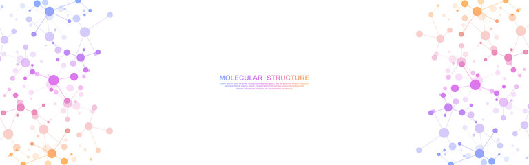 Vector illustration of molecular structure and genetic engineering, molecules DNA, neural network, scientific research. Abstract background for innovation technology, science, healthcare, and medicine