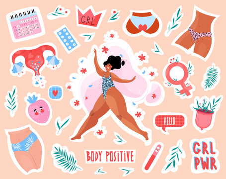 Body positive and feminist set collection womens stickers and badges designs. Uterus, menstrual cup, calendar in flat style. Vector stock illustration