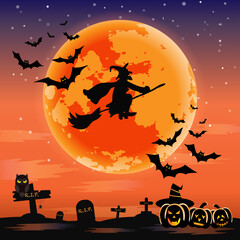 Vector for silhouette Halloween night with a witch riding a broom with a bats flying in the sky and cute cartoon of owl, spider and pumpkin devil beside cemetery and tombstone on full moon background.