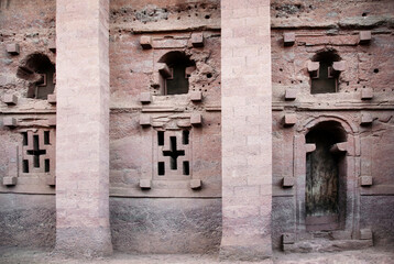Naklejka premium lalibela ancient rock-hewn monolithic churches landmark heritage site in ethiopia