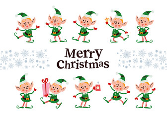Set of different cute little Santa elves characters isolated. Elf carry gift box, drink hot chocolate, jump, wink, smile. Vector flat cartoon illustration. For Christmas card, pattern, banner, sticker - obrazy, fototapety, plakaty