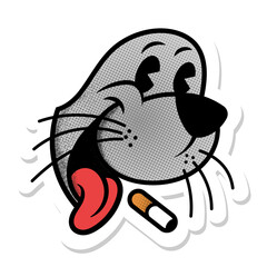 Cartoon illustration of Smoking Seal Head symbol with halftone effects, best for sticker, t-shirt, and pin for urban streetwear style