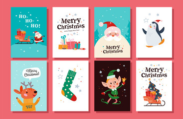 Collection of Merry Christmas congratulation cards with Santa Claus, reindeer, penguin, elf character, xmas stocking, sleigh full of gifts, fir tree. Vector flat cartoon illustration. For banner, tag.