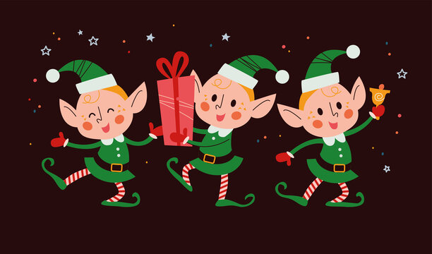 Set of different cute little Santa elves characters with gift box, ring bell, dance isolated. Vector flat cartoon illustration. For Christmas cards, patterns, banners, stickers.