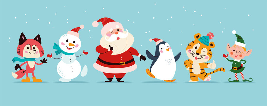 Christmas banner with cute happy winter characters. Santa Claus, elf, snowman, penguin, fox, tiger isolated. Vector flat cartoon illustration. For cards, packaging, web, invitation.