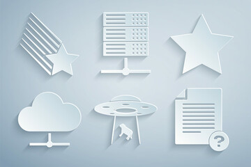 Set UFO abducts cow, Star, Network cloud connection, Unknown document, Server, Data, Web Hosting and Falling star icon. Vector