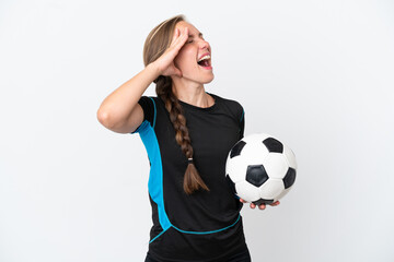 Young football player woman isolated on white background smiling a lot