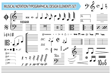 Musical notation, notes, music symbols and signs, set. Templates, black editable elements collection, isolated on white background. Melody font. Vector illustration.