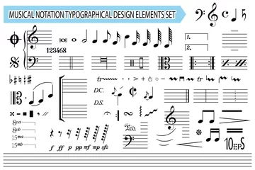 Poster Musical notation, notes, music symbols and signs, set. Templates, black editable elements collection, isolated on white background. Melody font. Vector illustration. © Nanotrillion