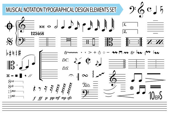 Musical notation, notes, music symbols and signs, set. Templates, black editable elements collection, isolated on white background. Melody font. Vector illustration.