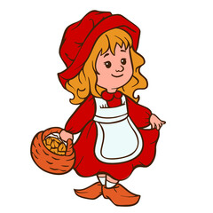 Girl in Red Hood, cartoon character of the Little Red Riding Hood fairy tale, fantastic vector drawing, sketching doodle art, child with basket of food, fun kid legend, nursery story. Isolated