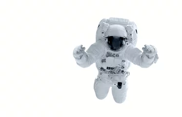 Zelfklevend Fotobehang Astronaut in a spacesuit flies on a white background. Hands are raised up.Elements of this image furnished by NASA © assistant