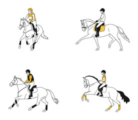 Hand drawn with riders and horses. Equestrian subjects in line art.
