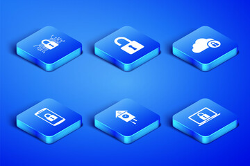 Set Laptop and lock, Cyber security, Retro wall watch, Smartphone with, Open padlock and Cloud computing icon. Vector