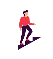 man climbing stairs, simple flat design, steps up isolated vector illustration