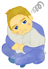Illustration of a sick boy sitting with a pillow Caucasian version