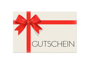 Geschenk Gutschein Karte mit rote Schleife, 
Vektor Illustration isoliert auf weißem Hintergrund