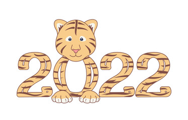 Happy new year 2022, striped hand lettering with cute little tiger on a white background, symbol of the year. Vector design template for Christmas banner, poster, greeting card, invitation or calendar