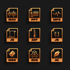 Set ZIP file document, 3DS, AI, JS, MSG and icon. Vector