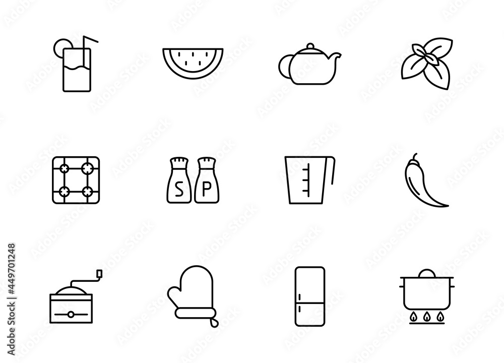 Poster kitchen linear vector icons isolated on white. kitchen icon set for web and ui design, mobile apps a