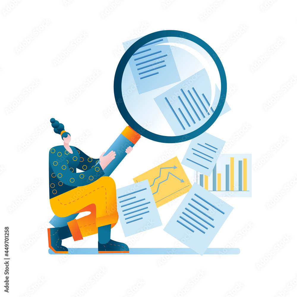 Aufkleber the girl uses a magnifying glass to view various documents and search for the necessary information.