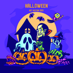 Halloween background with pumpkins vector  sets Dracula horror 