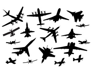 War plane flies across the sky. Isolated silhouette on white background