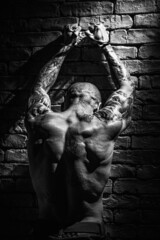 A muscular male prisoner stands with his hands up in handcuffs facing the wall. A dangerous...