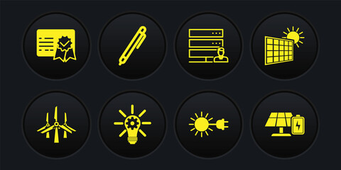 Set Wind turbines, Solar energy panel and sun, Light bulb with gear, Sun electric plug, Customer care server, Pen, battery and Certificate template icon. Vector