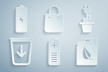 Set Battery charge level indicator, Electric saving plug pot, Send the trash, Bio fuel canister, Shopping bag and icon. Vector