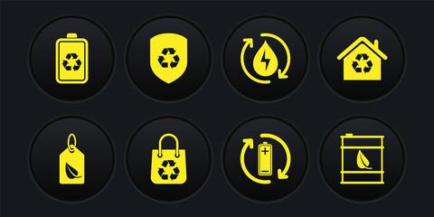 Set Tag with leaf, Eco House recycling, Shopping bag recycle, Battery, Recycle clean aqua, inside shield, Bio fuel barrel and icon. Vector