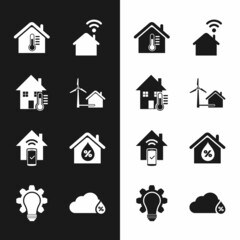 Set House with wind turbine, temperature, Smart home wi-fi, remote control system, humidity, Humidity and Light bulb and gear icon. Vector