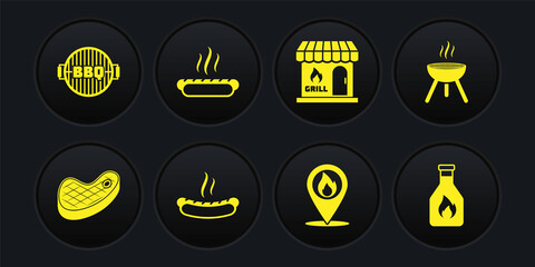 Set Steak meat, Barbecue grill, Hotdog sandwich, Location with fire flame, shopping building, Ketchup bottle and icon. Vector