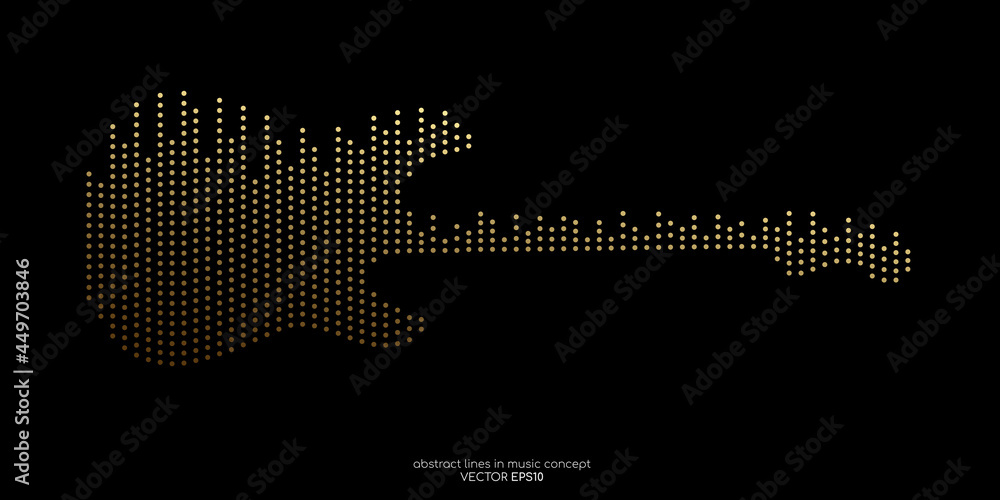 Poster vector electric guitar shape by equalizer dot line pattern gold light color isolated on black backgr