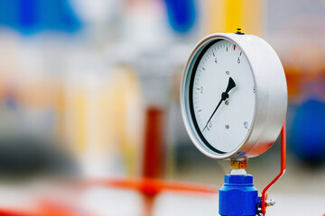 This is a close-up pressure gauge for measuring the pressure on a pipe for gasification or gas...