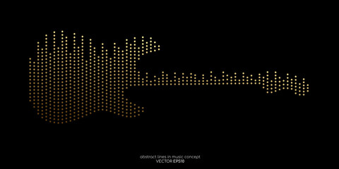 Vector electric guitar shape by equalizer dot line pattern gold light color isolated on black background. In concept of music. - obrazy, fototapety, plakaty