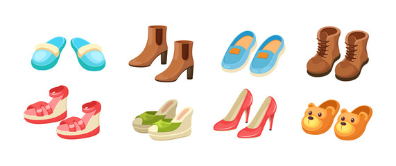 Set different shoes. Female male childish footwear for activity walking outdoor, domestic, beach recreation, warming or doing sports. Footgear pairs, house slippers, sneakers, sandals,