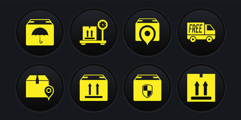 Set Location with cardboard box, Free delivery service, Cardboard traffic, Delivery security shield, Scale, and package umbrella icon. Vector
