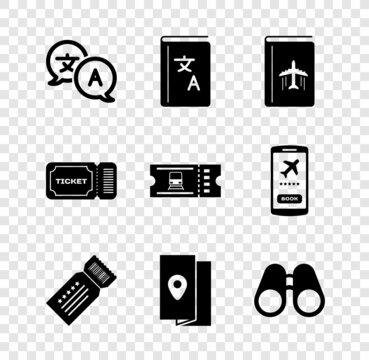 Set Translator, book, Cover travel guide, Ticket, Binoculars, and Train ticket icon. Vector