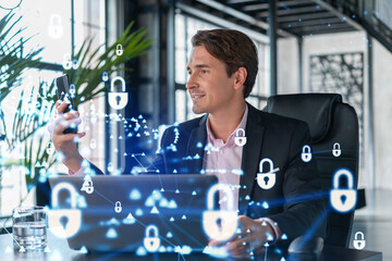 Businessman in suit checking cyber security using smart phone to protect clients confidential...