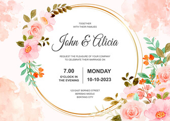 Wedding invitation card with soft pink floral watercolor