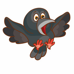 frightened black crow flaps its wings, cartoon illustration, isolated object on white background, vector,