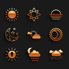 Set Sun and cloud weather, Cloud with rain moon, Eclipse of sun, Sunset, Moon stars, and icon. Vector