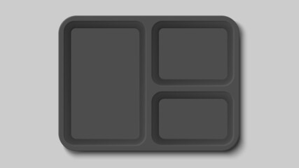 Empty black plastic food container with three compartments on a gray background. Vector illustration.