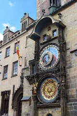 Fototapeta na wymiar Astronomical Clock (Orloj) Located on the south wall of the City Hall in the old town square. This place is a popular tourist attraction in Prague, Czech Republic.